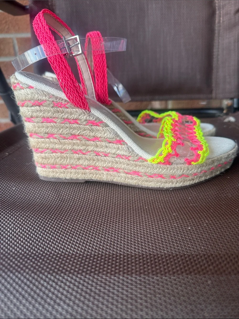 SCHUTZ Neon Pink & Neon Yellow Crochet Espadrille Sandals - Size 7.5 B